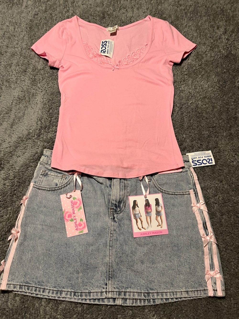 Ashley Mason Light Wash Denim Mini Skirt Size 5/27 with Pink Shirt size Medium